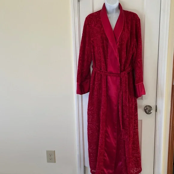 Velvet Burnout Satin Wrap Robe Long Shawl Collar Belt Pockets Women M Red Floral - Picture 1 of 17